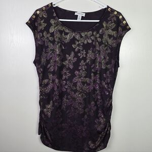 Calvin Klein Women's Large Purple/Gold Floral Blouse With Gold Button Accents
